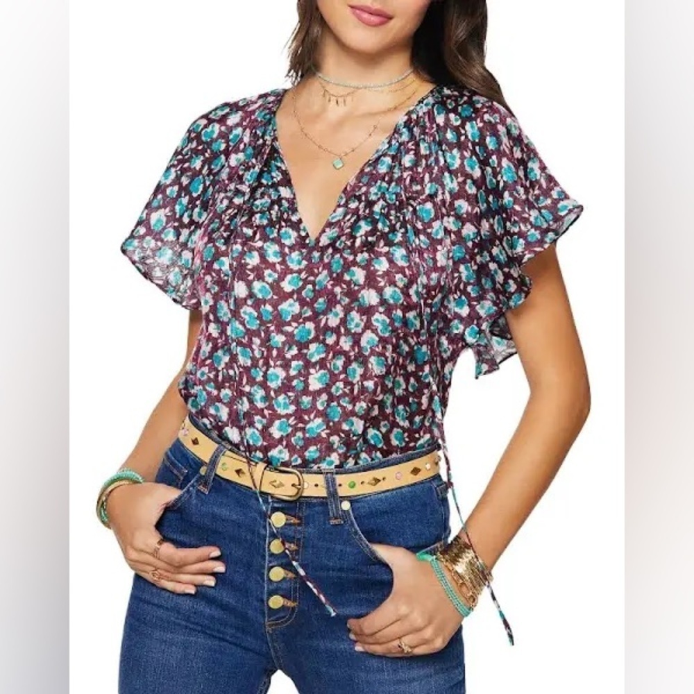Nwt Ramy Brook Sidney Silk Blend Ruffle Tie Neck Relaxed Blouse Floral Raisin Xs